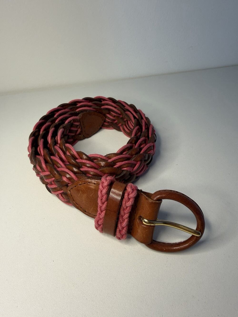 Braided Genuine Leather Belt Pink Brown Gold Buckle Woven Gaucho XL 42”